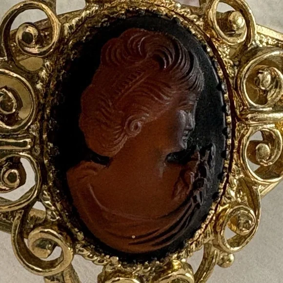 VTG Whiting & Davis Bracelet Gold Tone Amber Brown Intaglio Cameo Jewelry - Picture 13 of 14